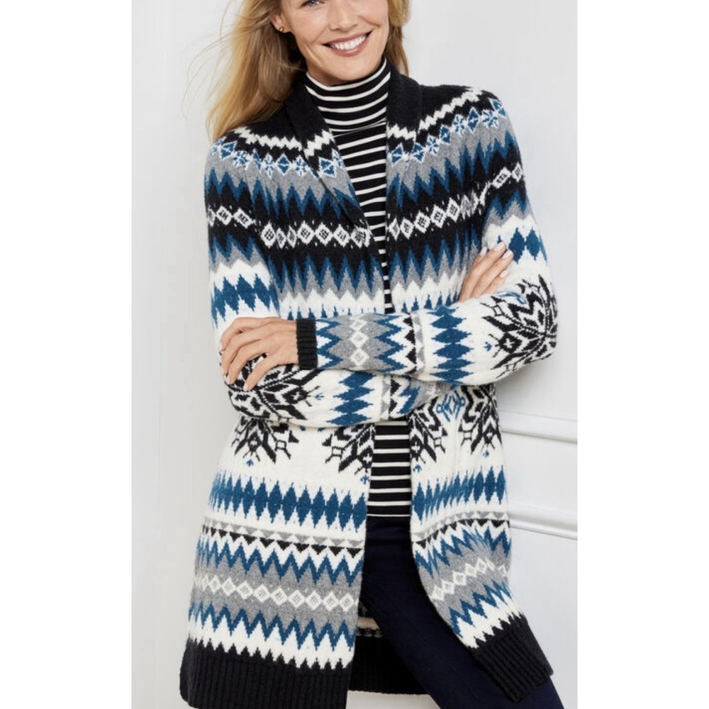 Talbots Cardigan Women's Large Fair Isle Snowflake Wool Blend Open Front Sweater